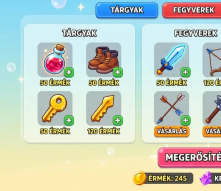 Brotato fejlesztési és felszerelés vásárlási képernyő